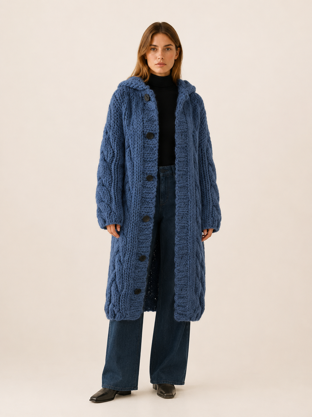 Dames lang gebreid vest met capuchon en knoopsluiting