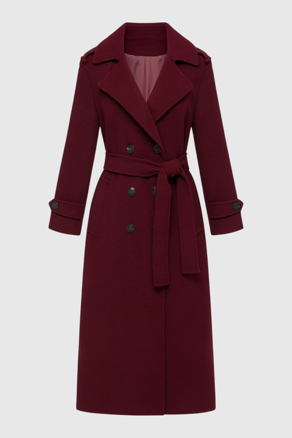 Dames lange bordeauxrode trenchcoat met dubbele knoopsluiting