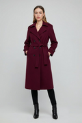 Dames lange bordeauxrode trenchcoat met dubbele knoopsluiting