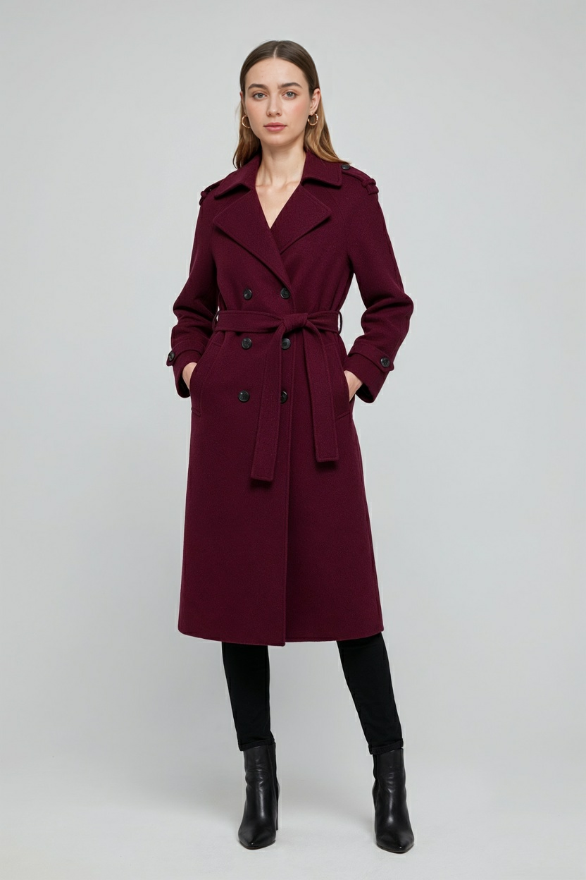 Dames lange bordeauxrode trenchcoat met dubbele knoopsluiting