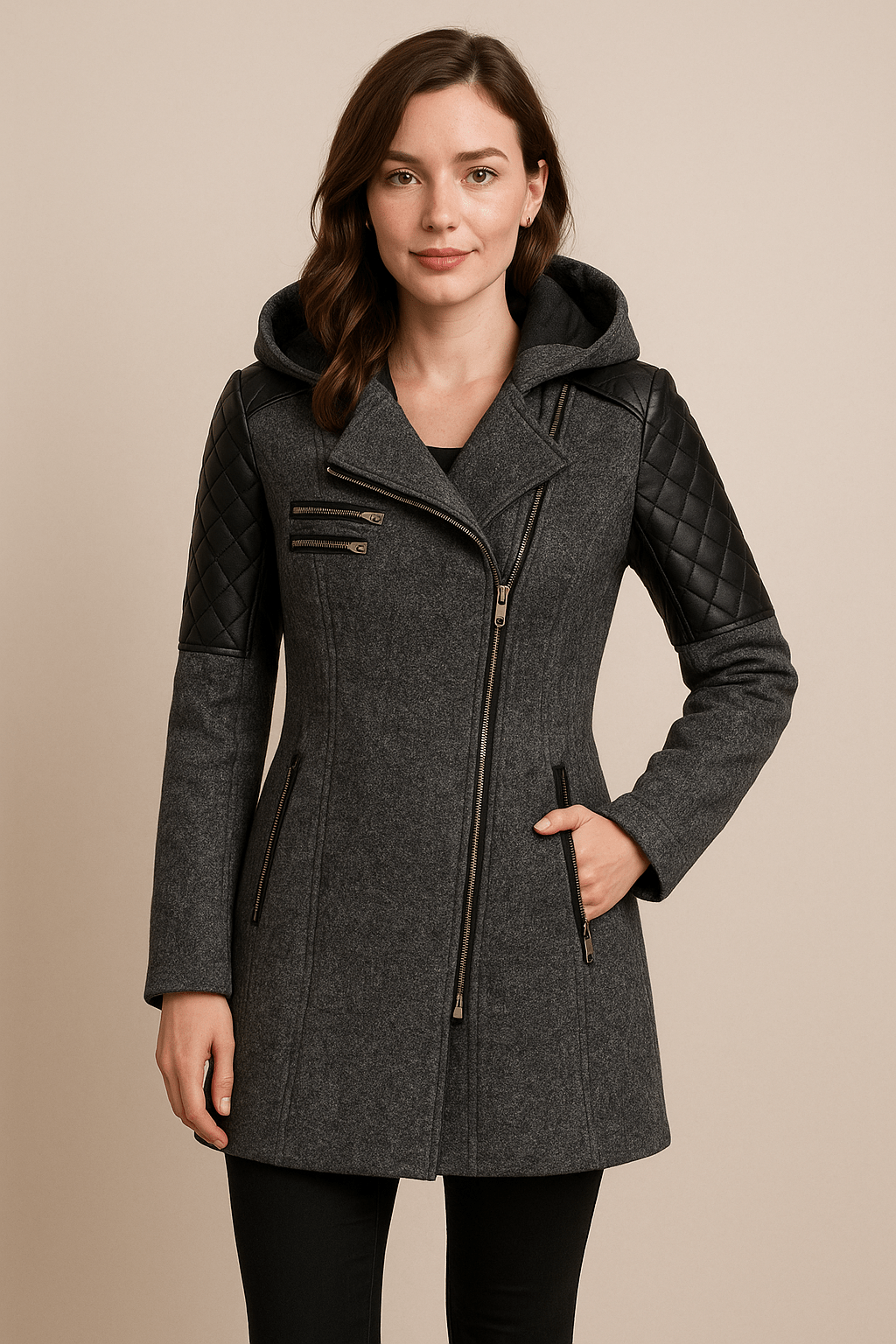 Dames lange mantel met capuchon en gewatteerde mouwen