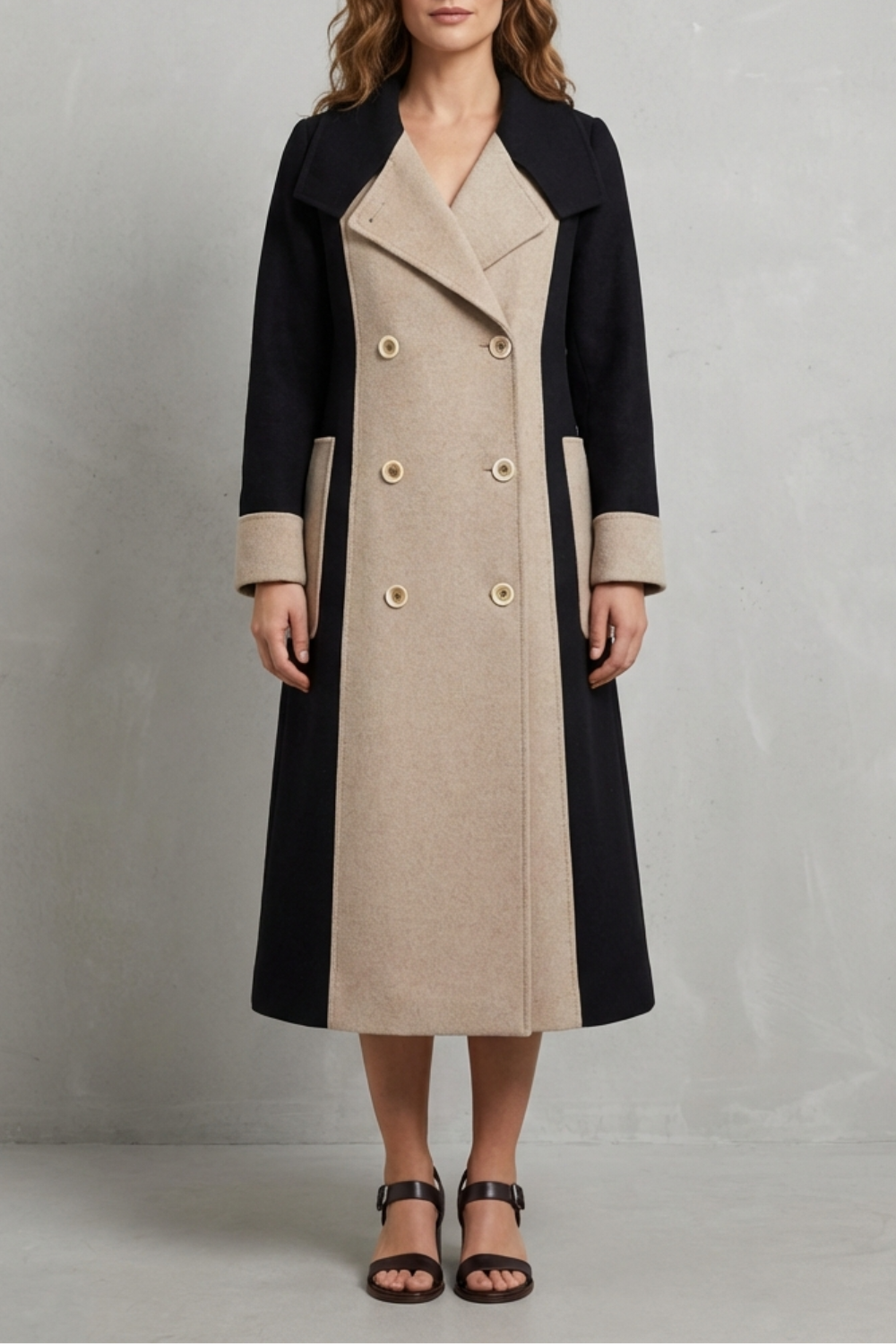 Dames lange mantel met contrastdelen en brede revers