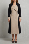 Dames lange mantel met contrastdelen en brede revers