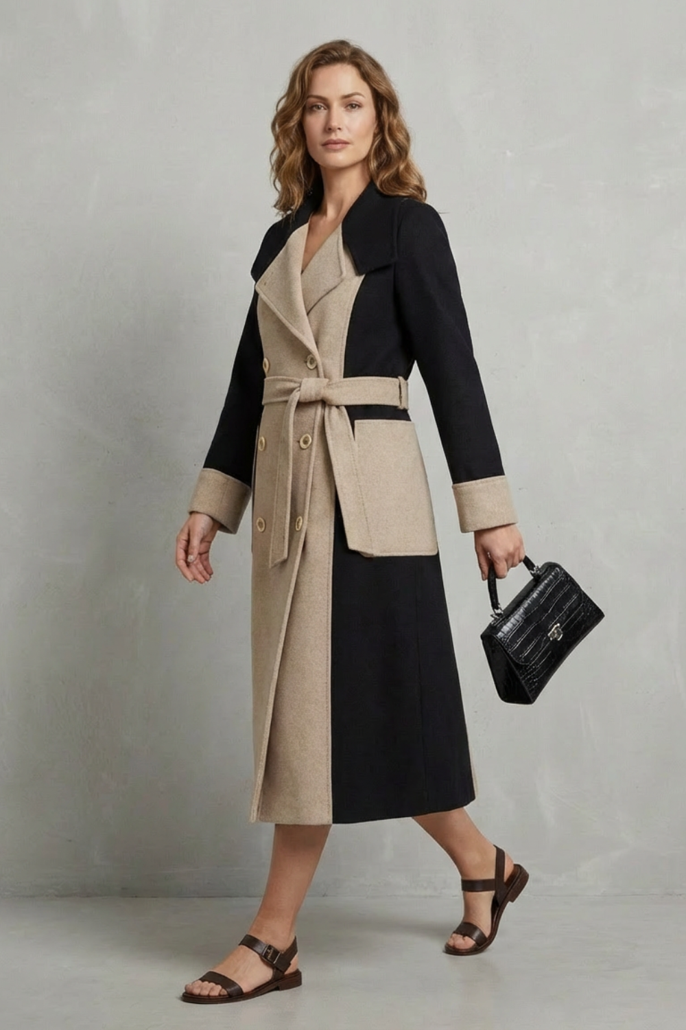 Dames lange mantel met contrastdelen en brede revers