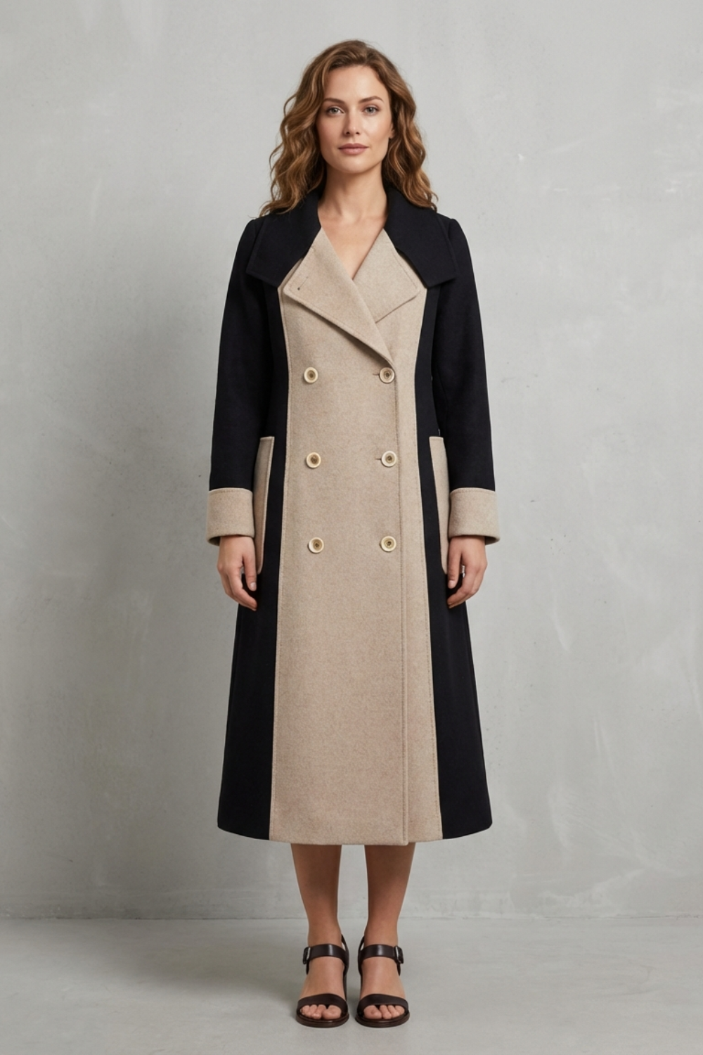 Dames lange mantel met contrastdelen en brede revers