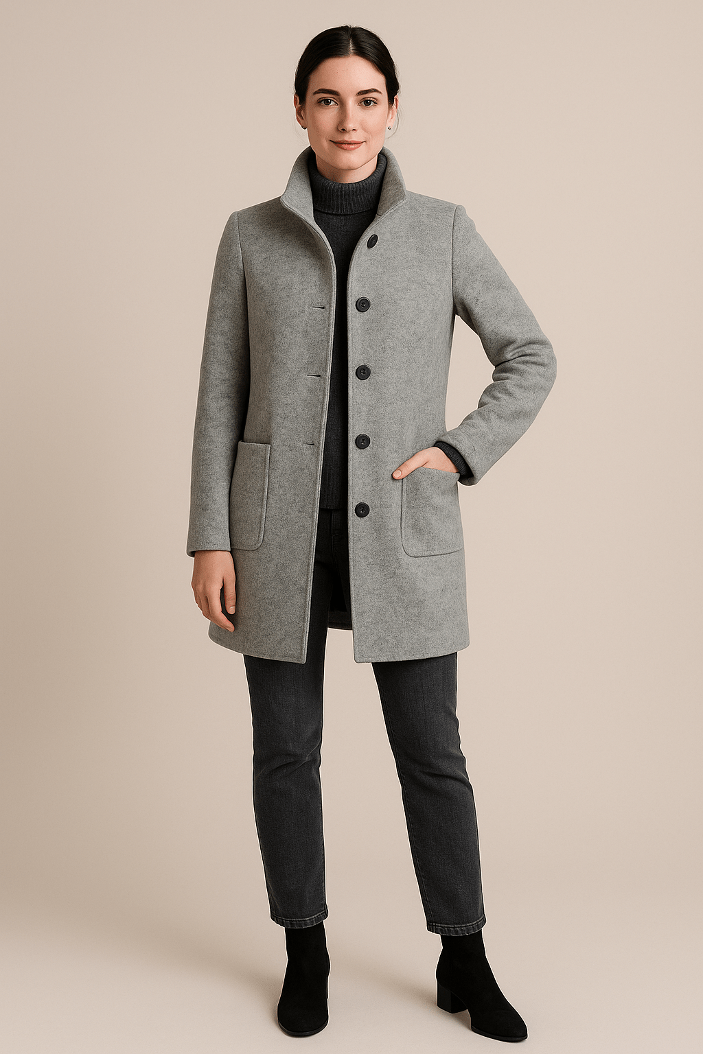 Dames lange mantel met hoge kraag en knoopsluiting