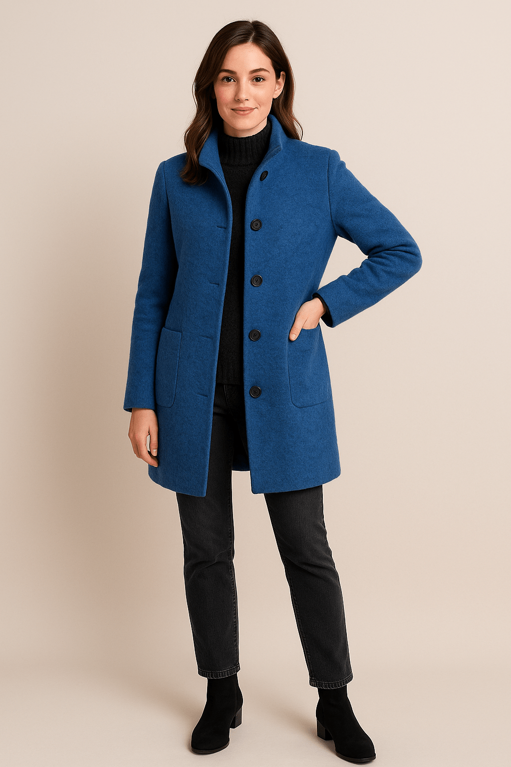 Dames lange mantel met hoge kraag en knoopsluiting