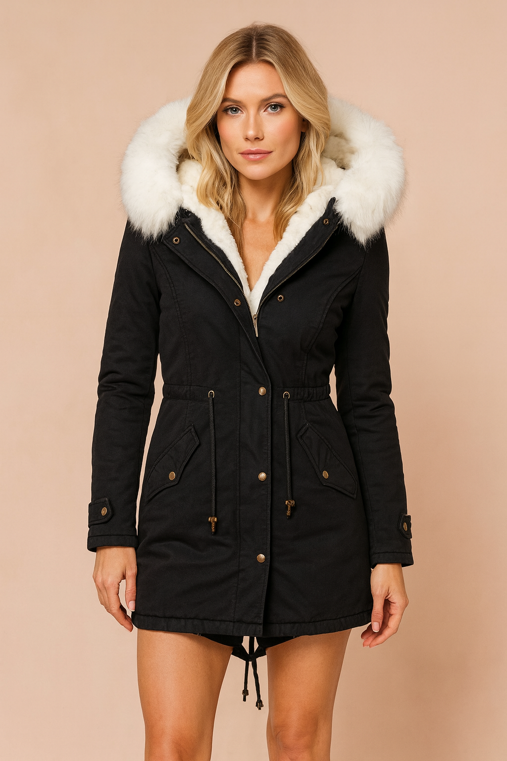 Dames lange parka met imitatiebont capuchon en zakken