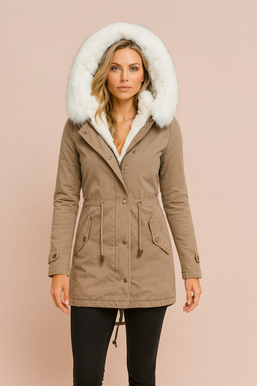 Dames lange parka met imitatiebont capuchon en zakken