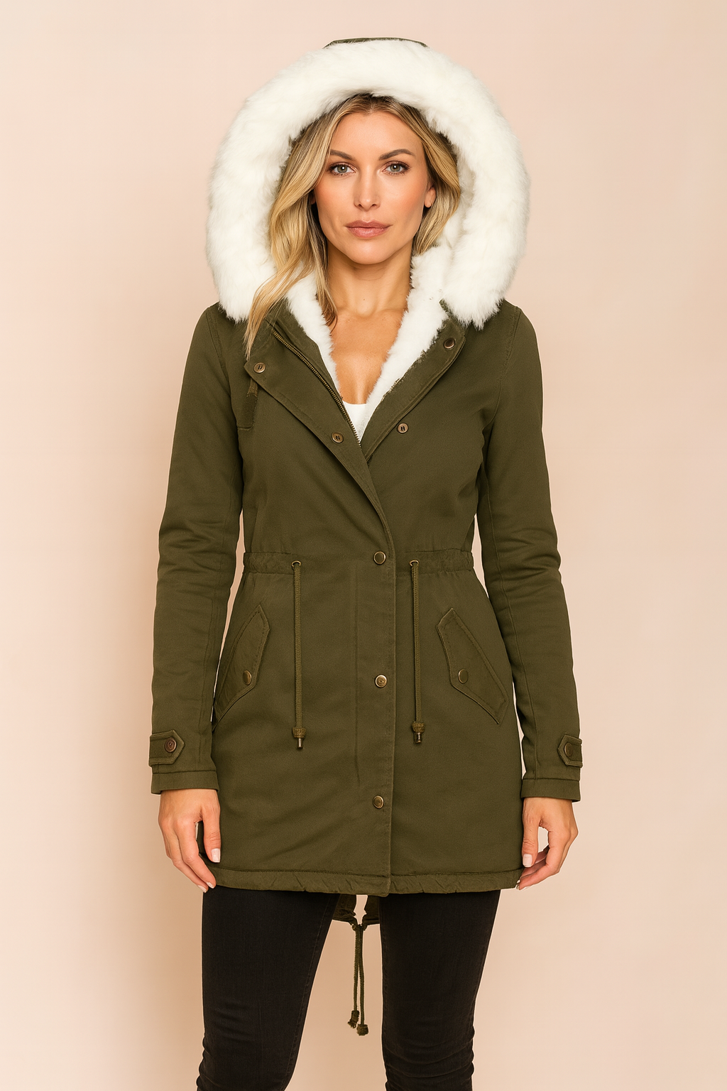 Dames lange parka met imitatiebont capuchon en zakken