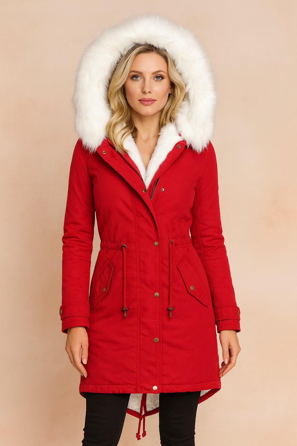 Dames lange parka met imitatiebont capuchon en zakken