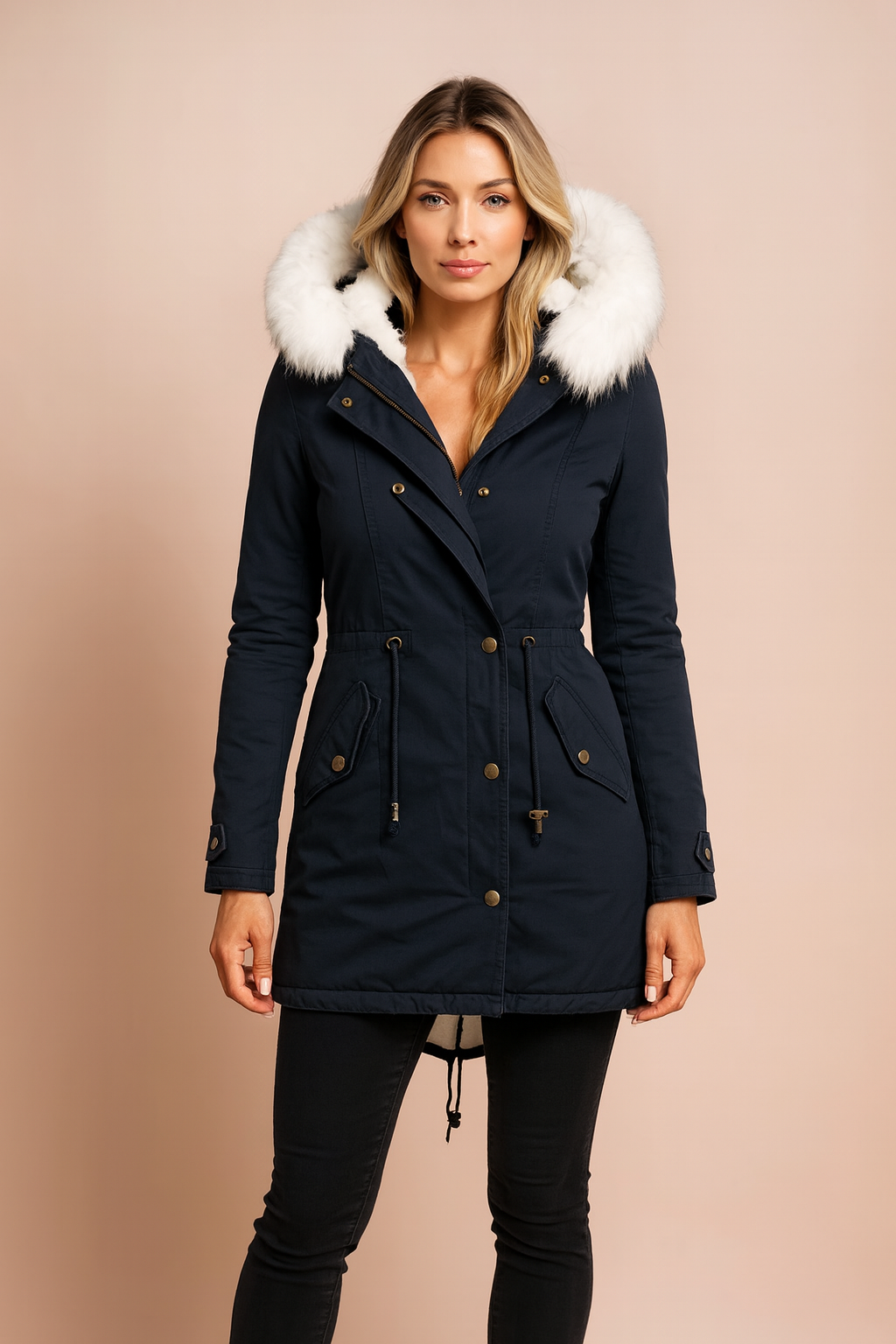 Dames lange parka met imitatiebont capuchon en zakken