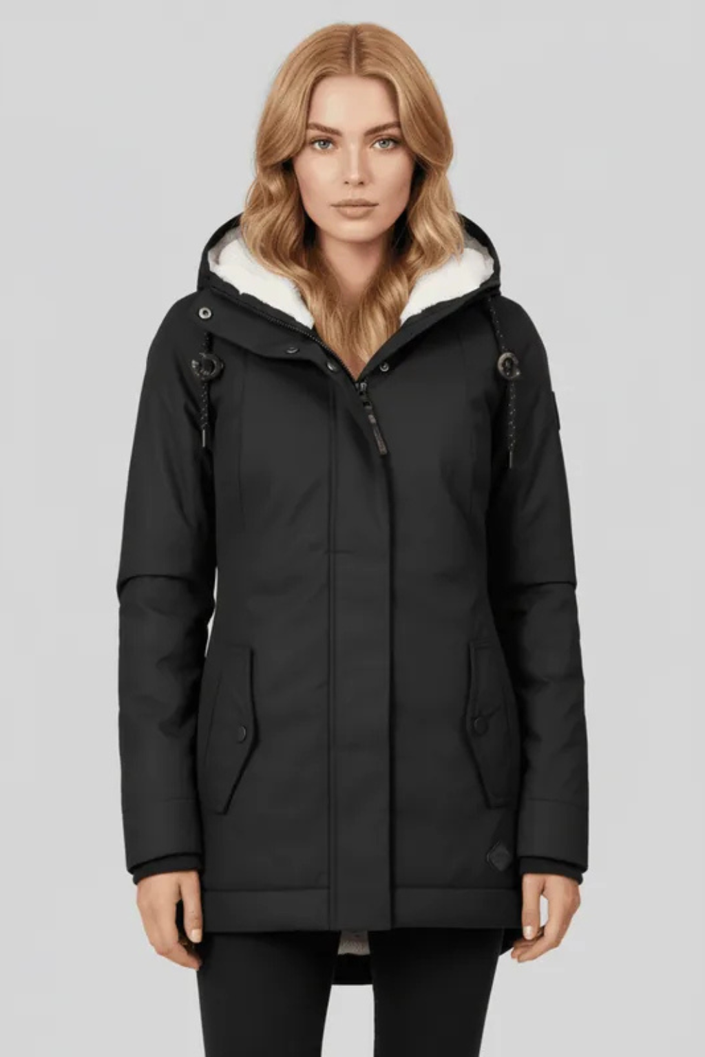 Dames lange winterjas met capuchon en warme voering