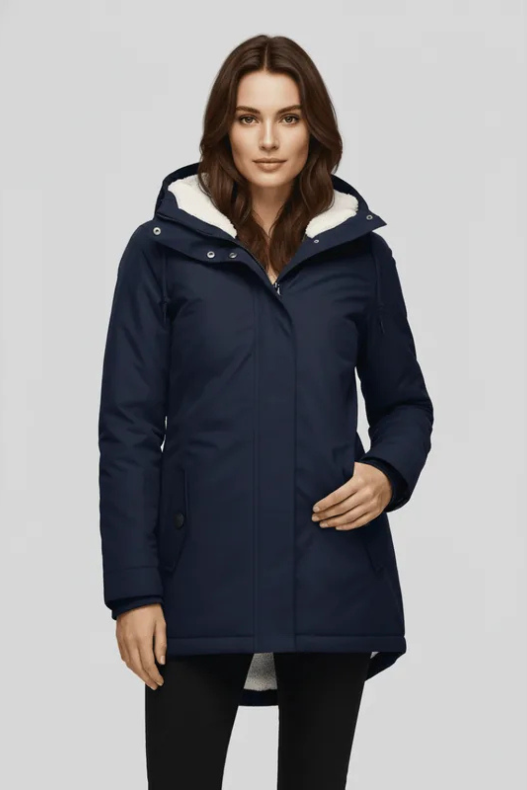 Dames lange winterjas met capuchon en warme voering