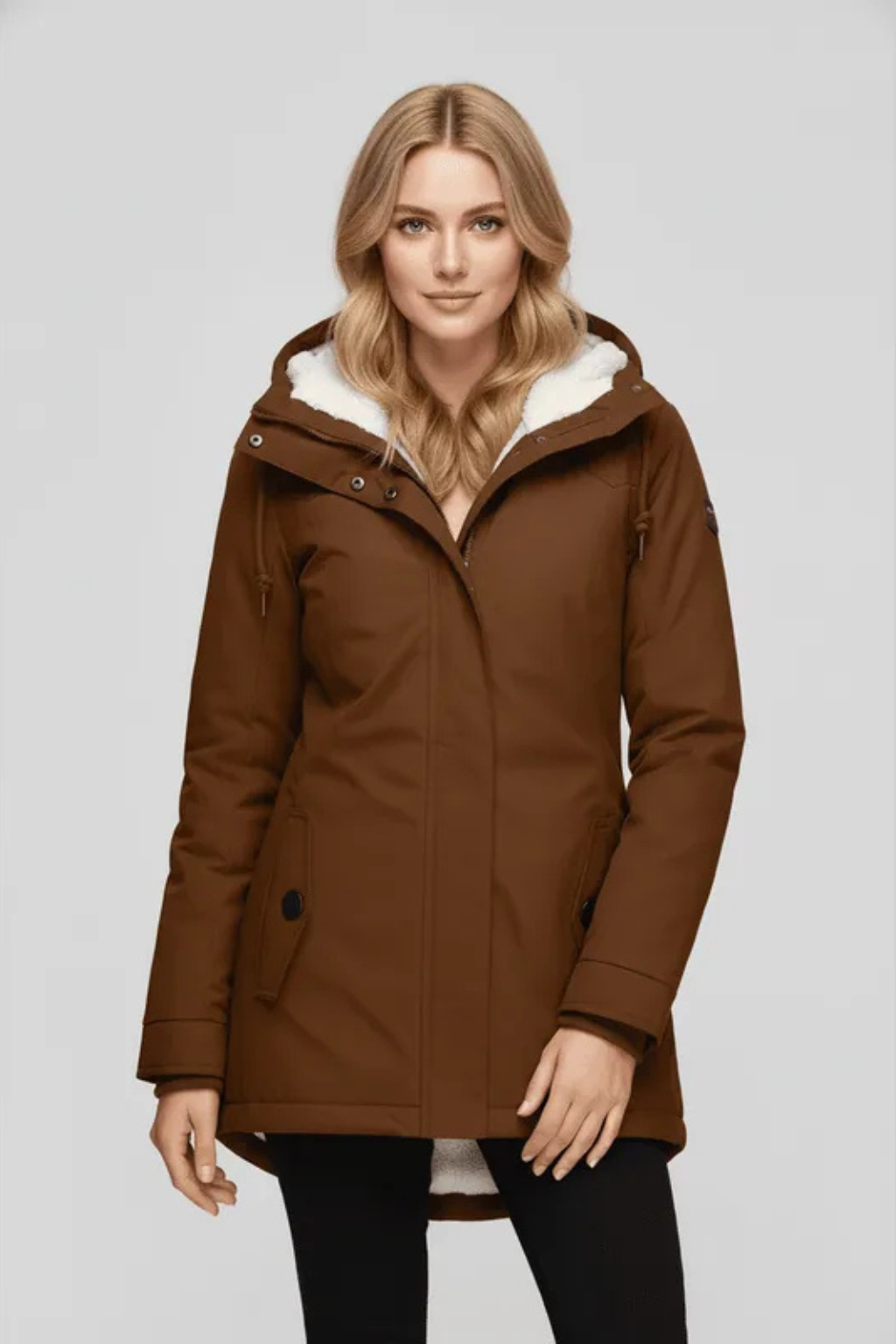 Dames lange winterjas met capuchon en warme voering