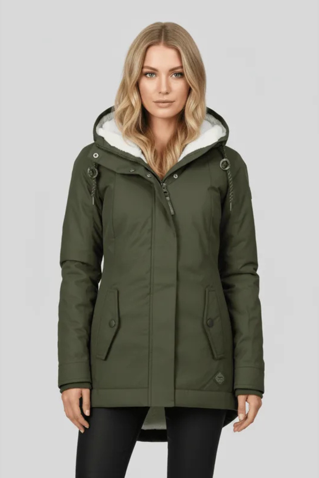 Dames lange winterjas met capuchon en warme voering