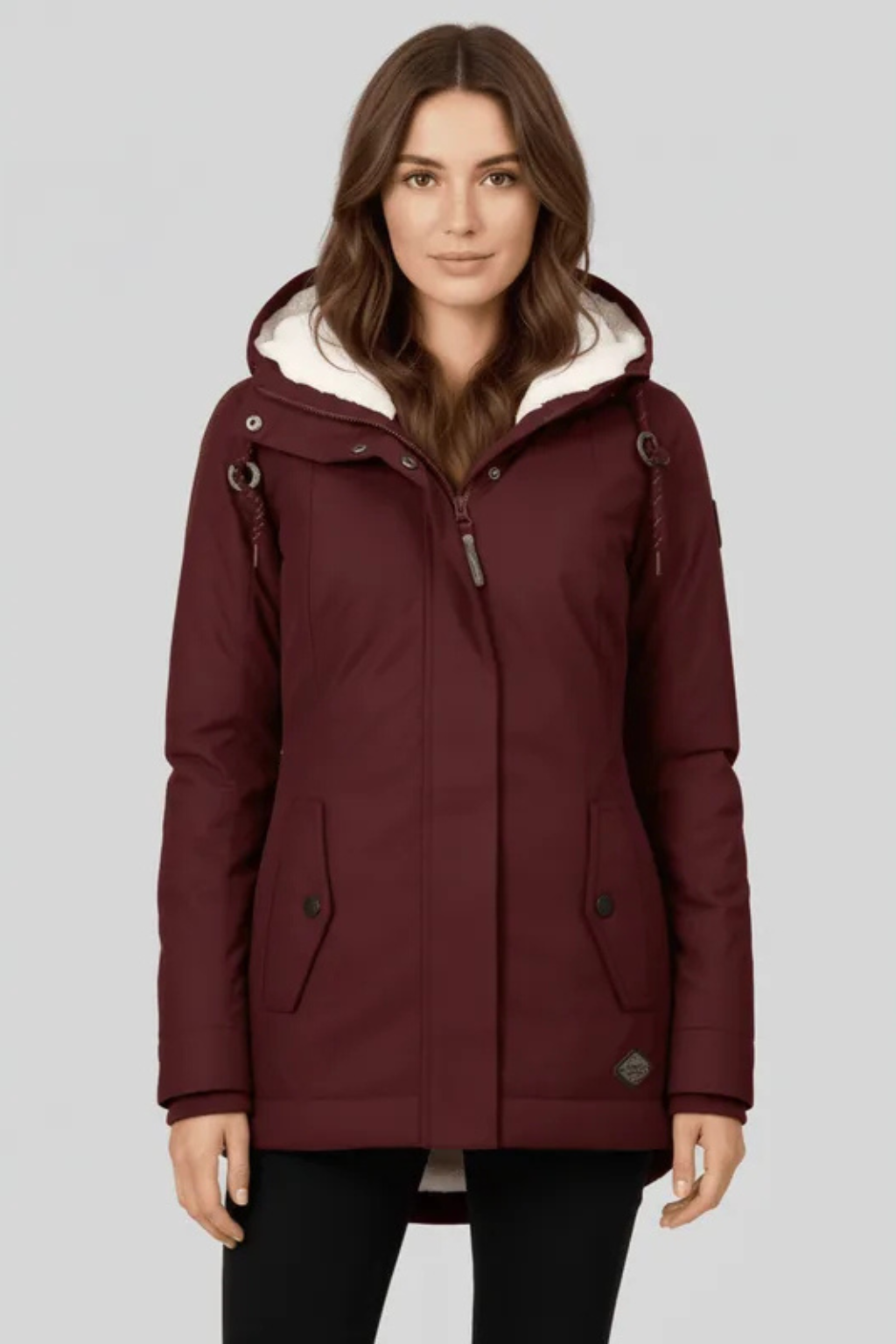 Dames lange winterjas met capuchon en warme voering