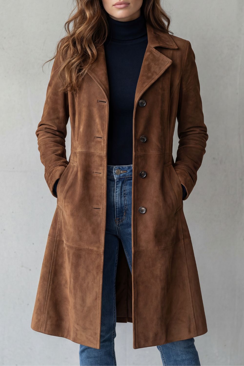 Dames lange winterjas met knoopsluiting en steekzakken