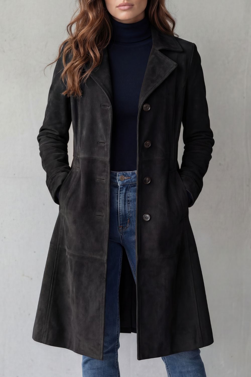 Dames lange winterjas met knoopsluiting en steekzakken