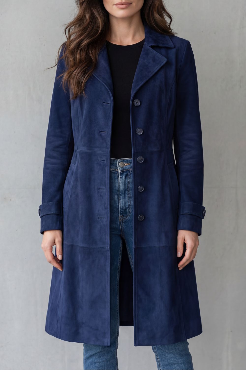 Dames lange winterjas met knoopsluiting en steekzakken