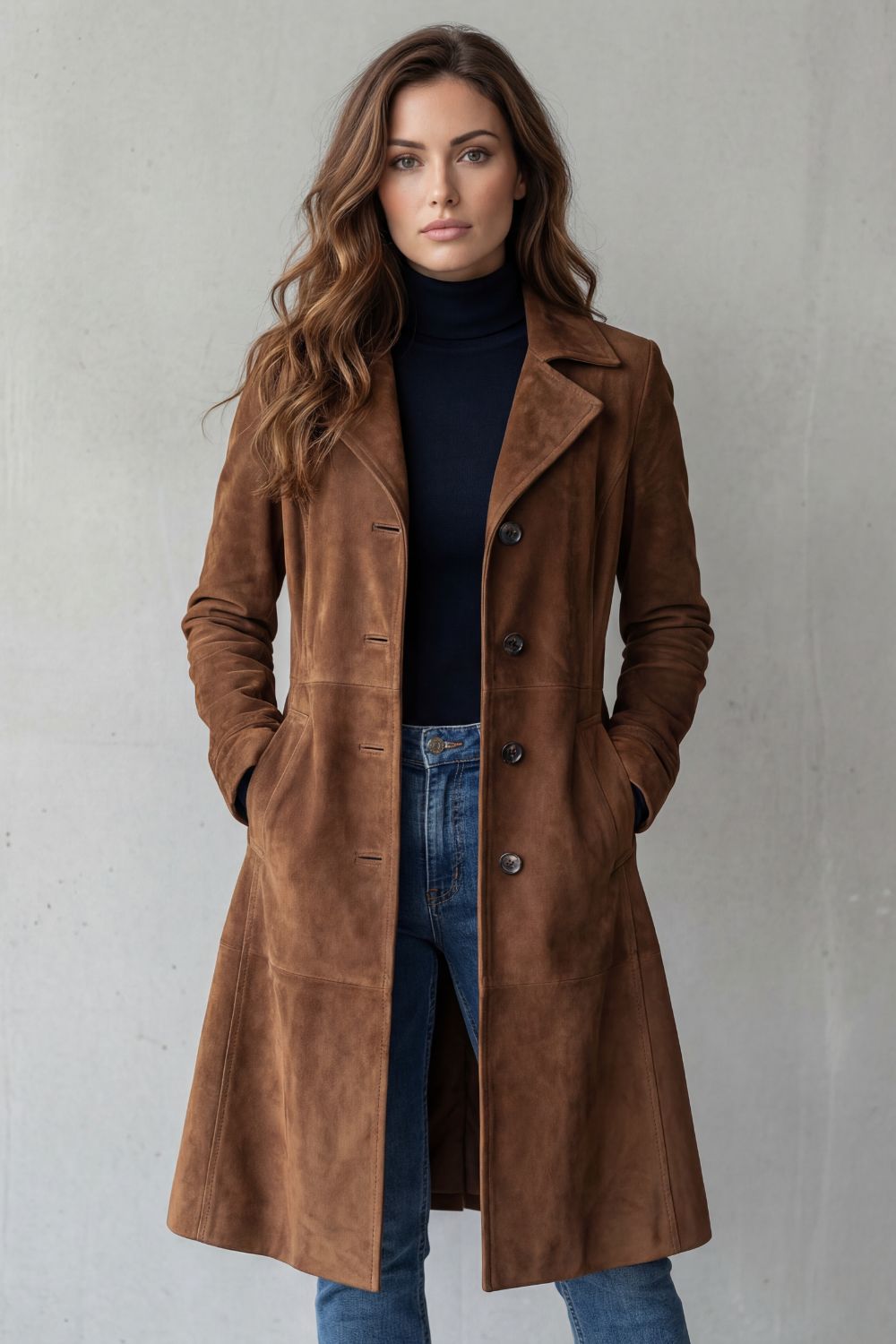 Dames lange winterjas met knoopsluiting en steekzakken