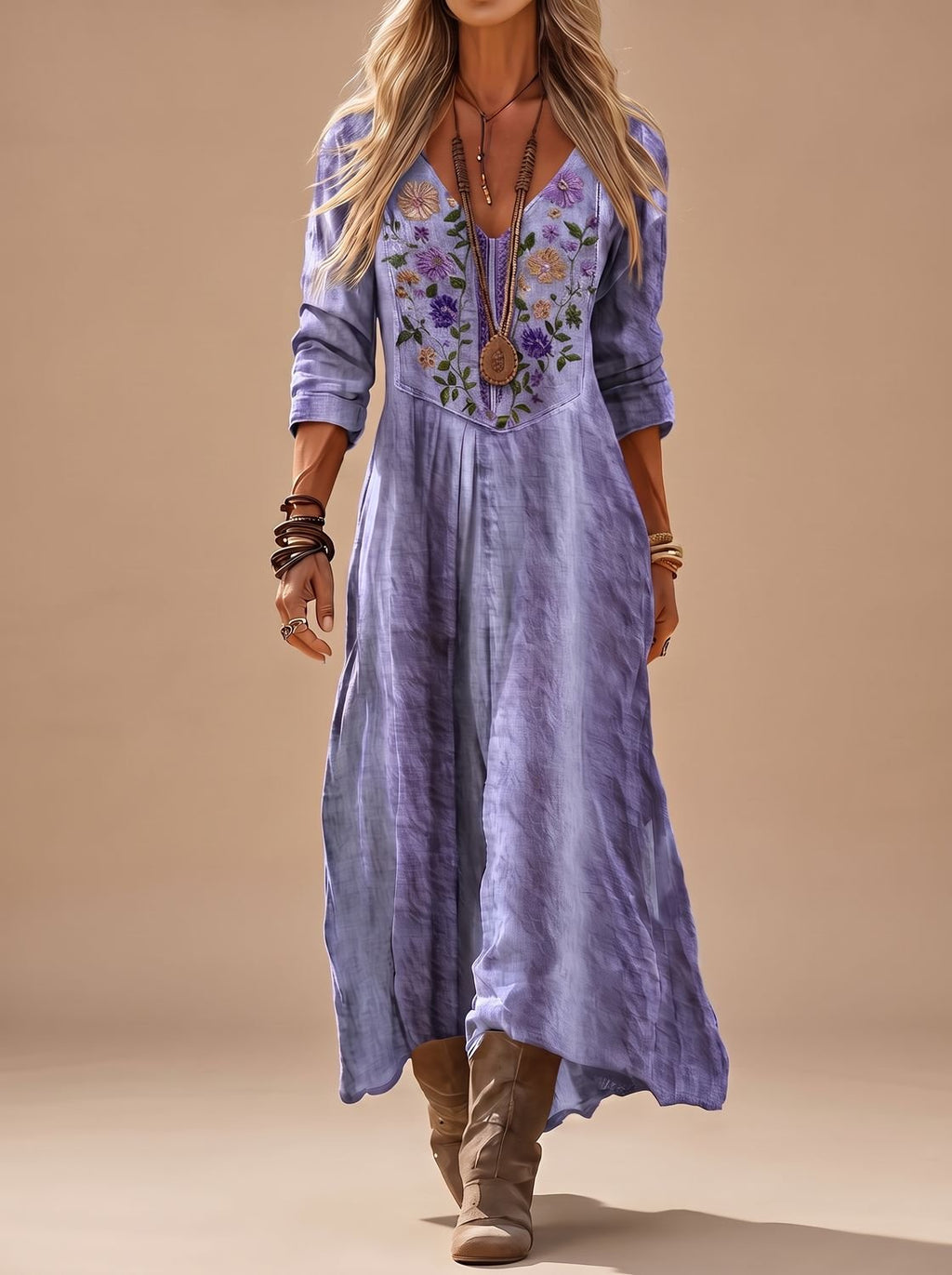 Dames lila maxi jurk met borduursel en lange mouwen