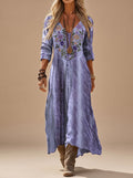 Dames lila maxi jurk met borduursel en lange mouwen
