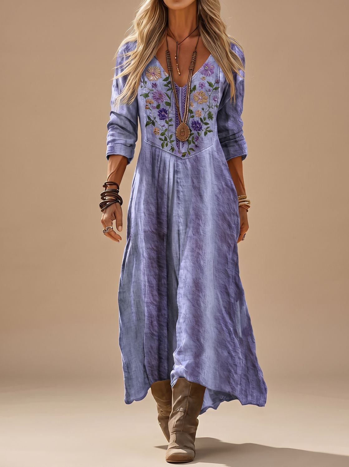 Dames lila maxi jurk met borduursel en lange mouwen
