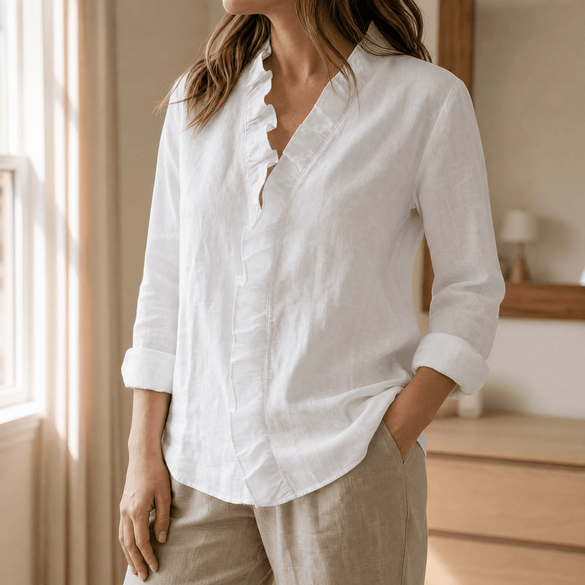 Dames losvallende blouse met ruches en lange mouwen