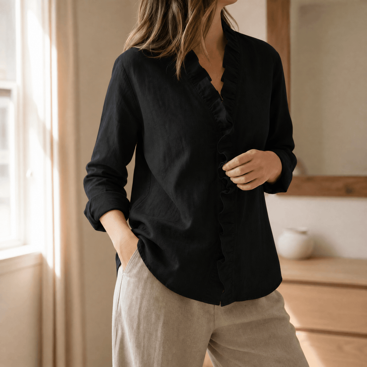 Dames losvallende blouse met ruches en lange mouwen