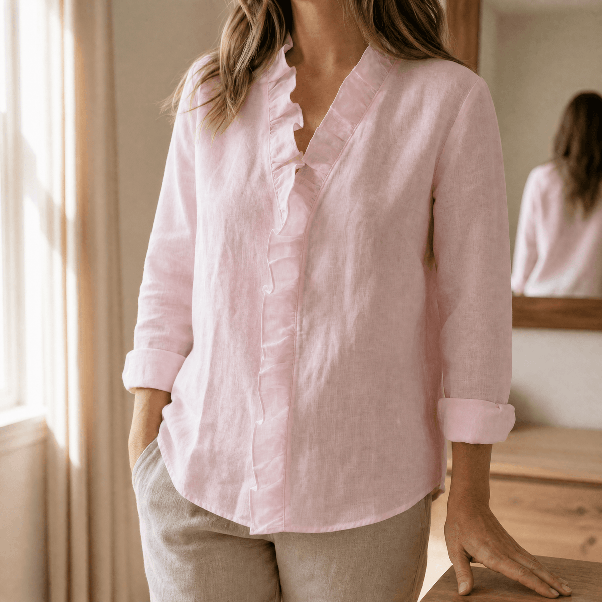 Dames losvallende blouse met ruches en lange mouwen