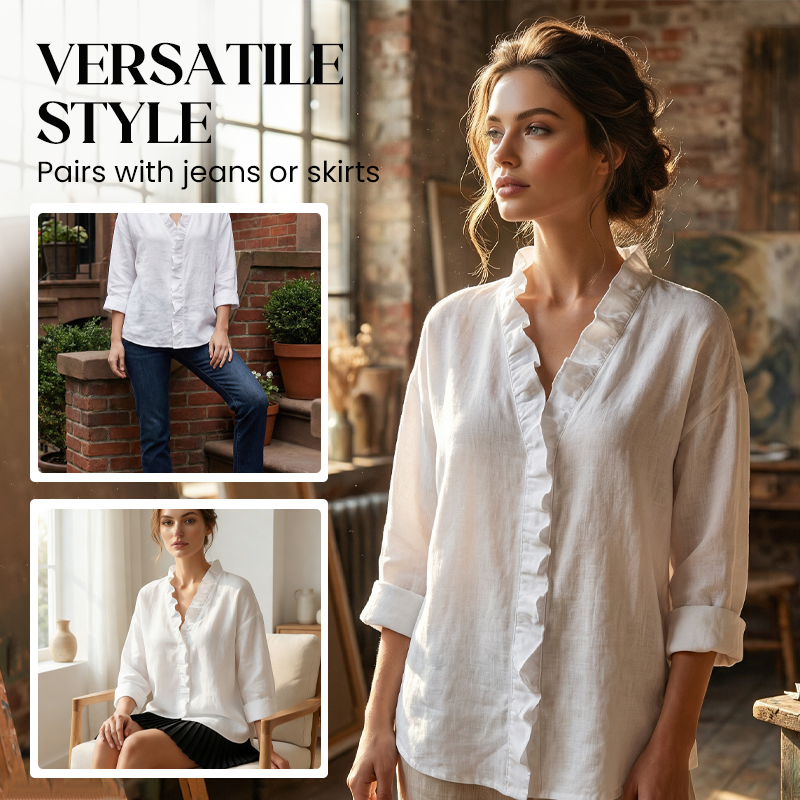Dames losvallende blouse met ruches en lange mouwen