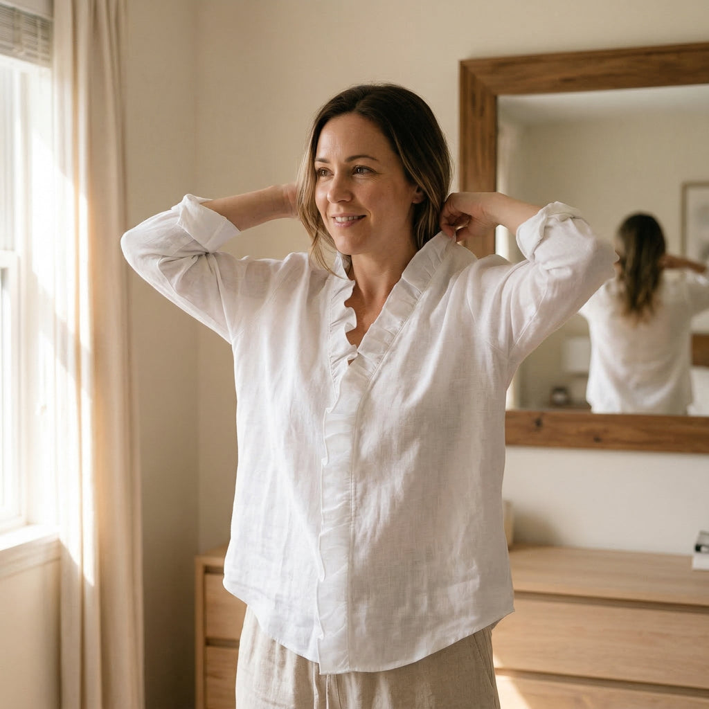 Dames losvallende blouse met ruches en lange mouwen
