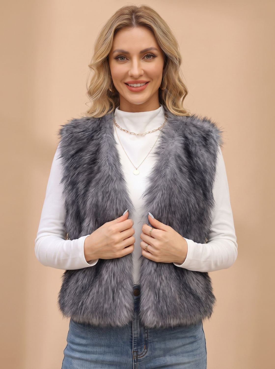 Dames mouwloos gilet van imitatiebont met open voorkant