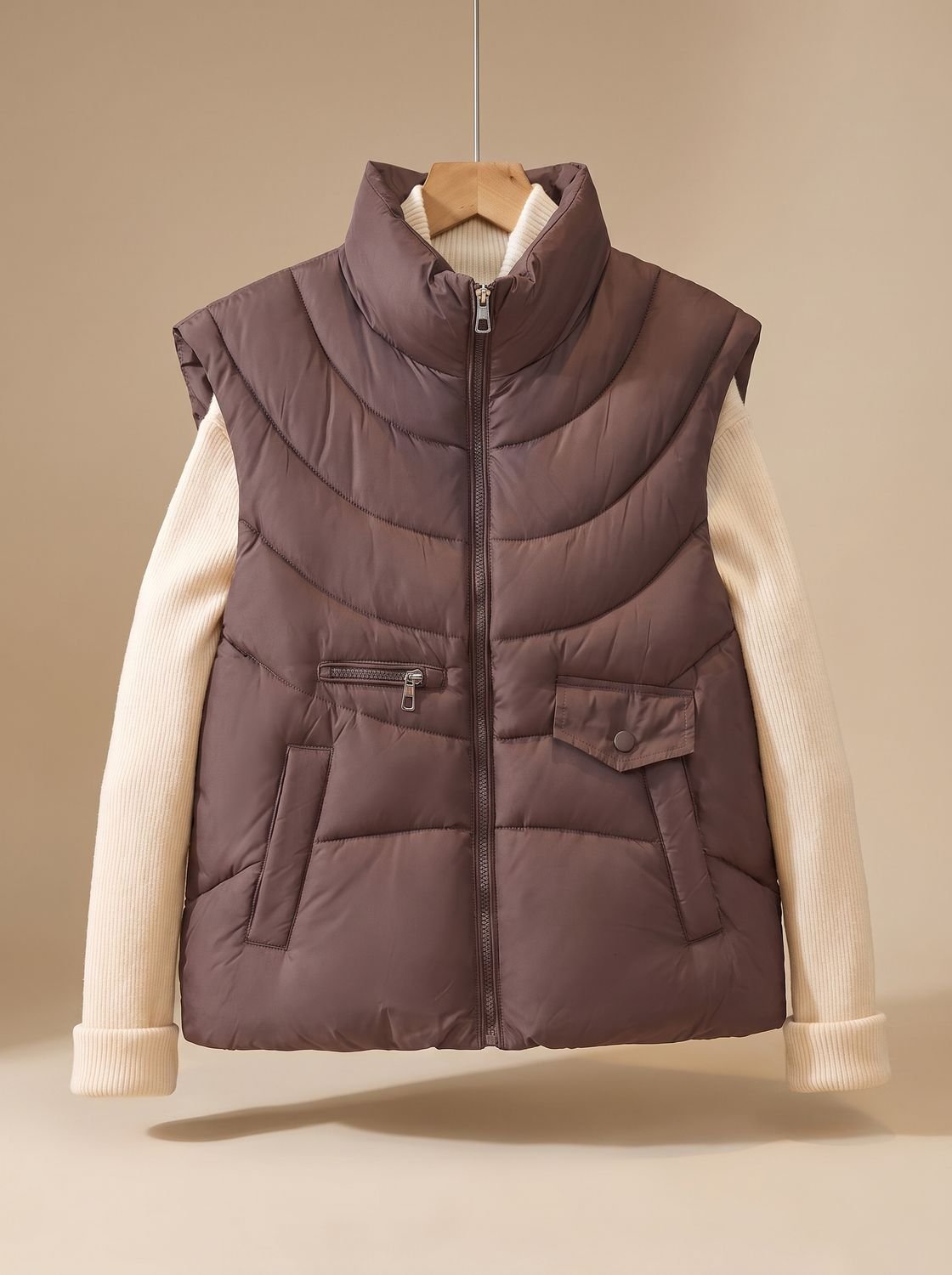 Dames mouwloze gewatteerde bodywarmer met hoge kraag