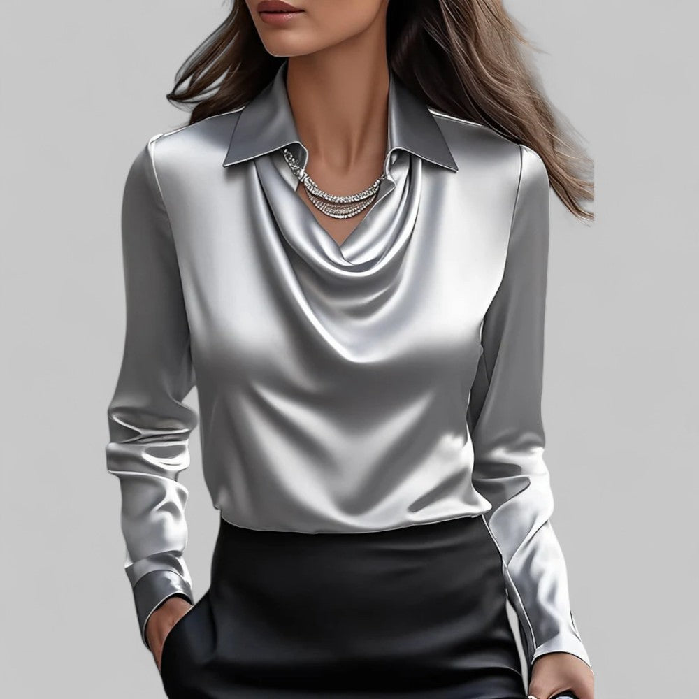 Dames nette blouse met watervalhals en lange mouwen