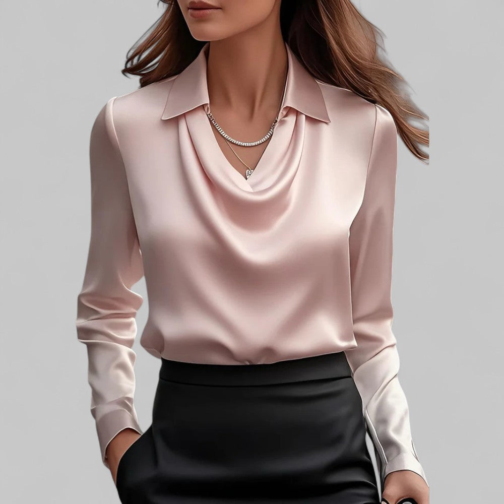 Dames nette blouse met watervalhals en lange mouwen