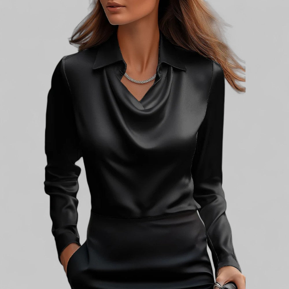 Dames nette blouse met watervalhals en lange mouwen