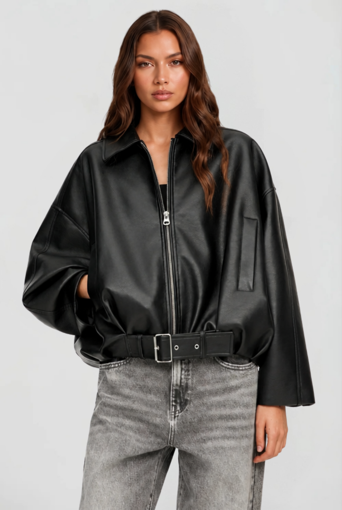 Dames oversized leatherlook bomberjack met ritssluiting