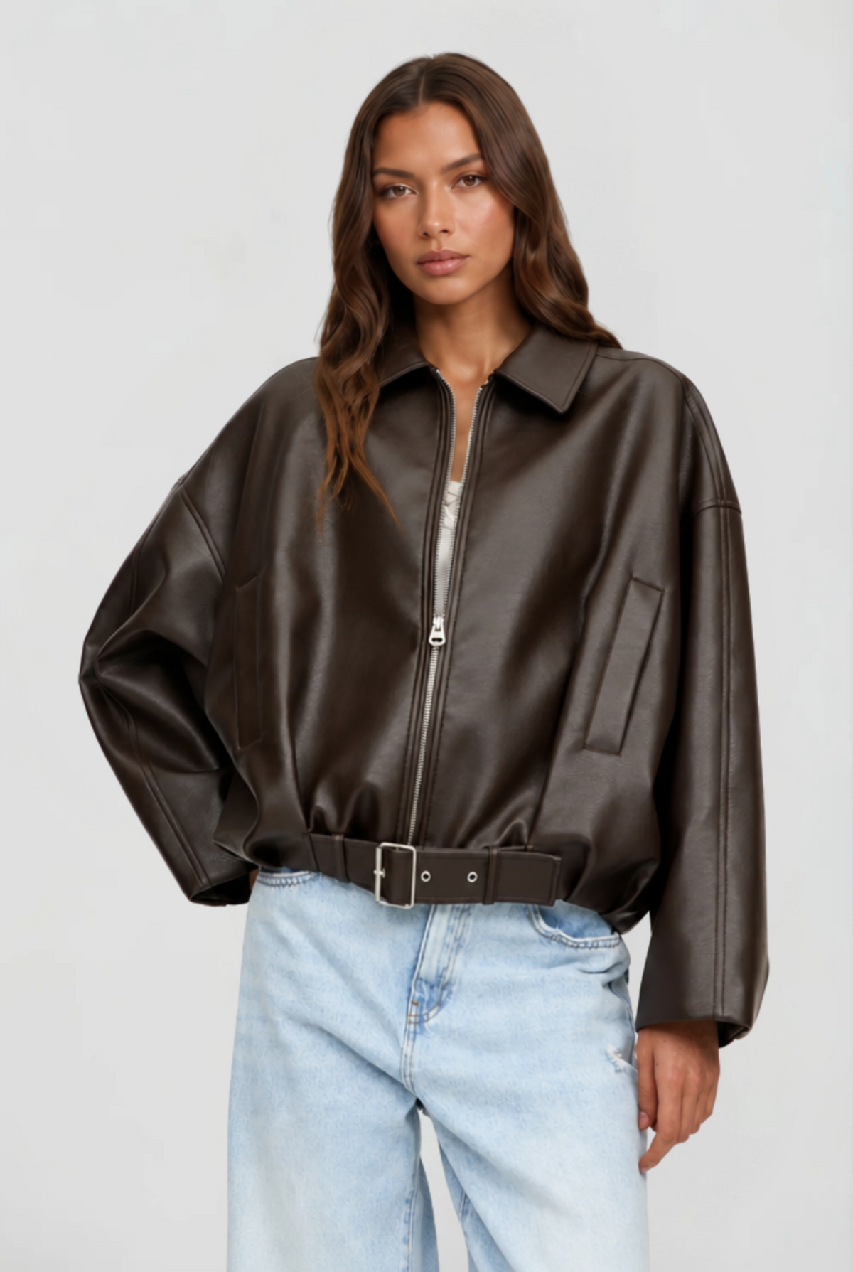 Dames oversized leatherlook bomberjack met ritssluiting