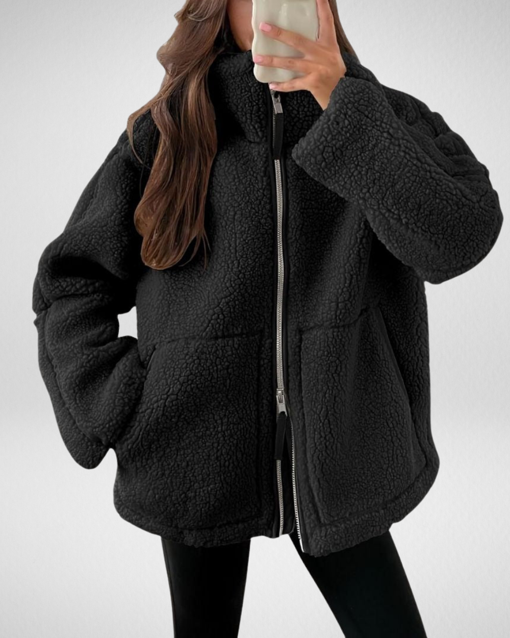 Dames oversized teddyjas met rits en steekzakken