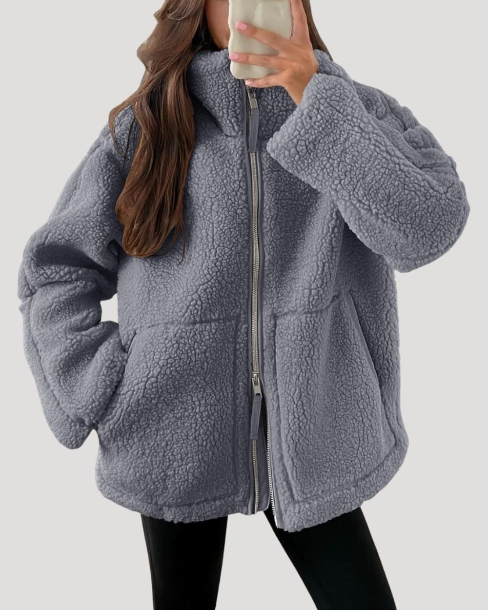 Dames oversized teddyjas met rits en steekzakken
