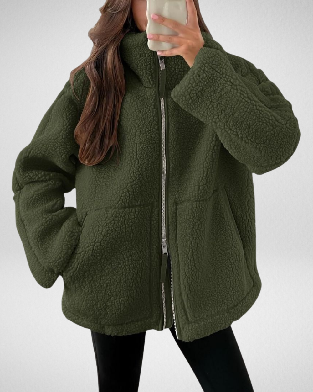 Dames oversized teddyjas met rits en steekzakken