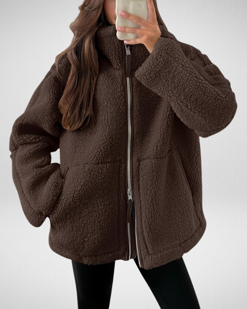 Dames oversized teddyjas met rits en steekzakken