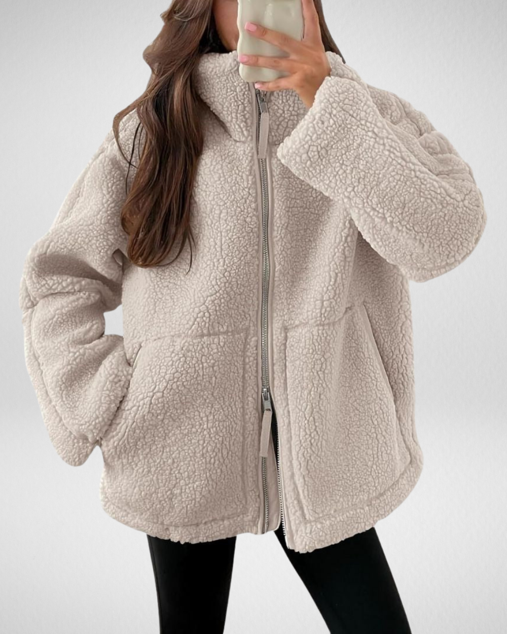 Dames oversized teddyjas met rits en steekzakken