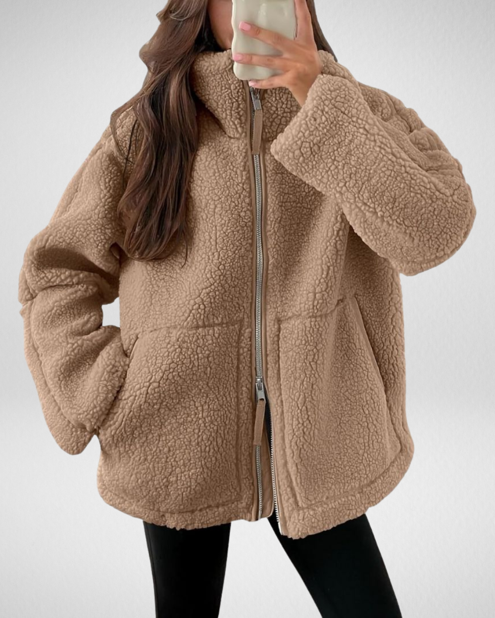 Dames oversized teddyjas met rits en steekzakken