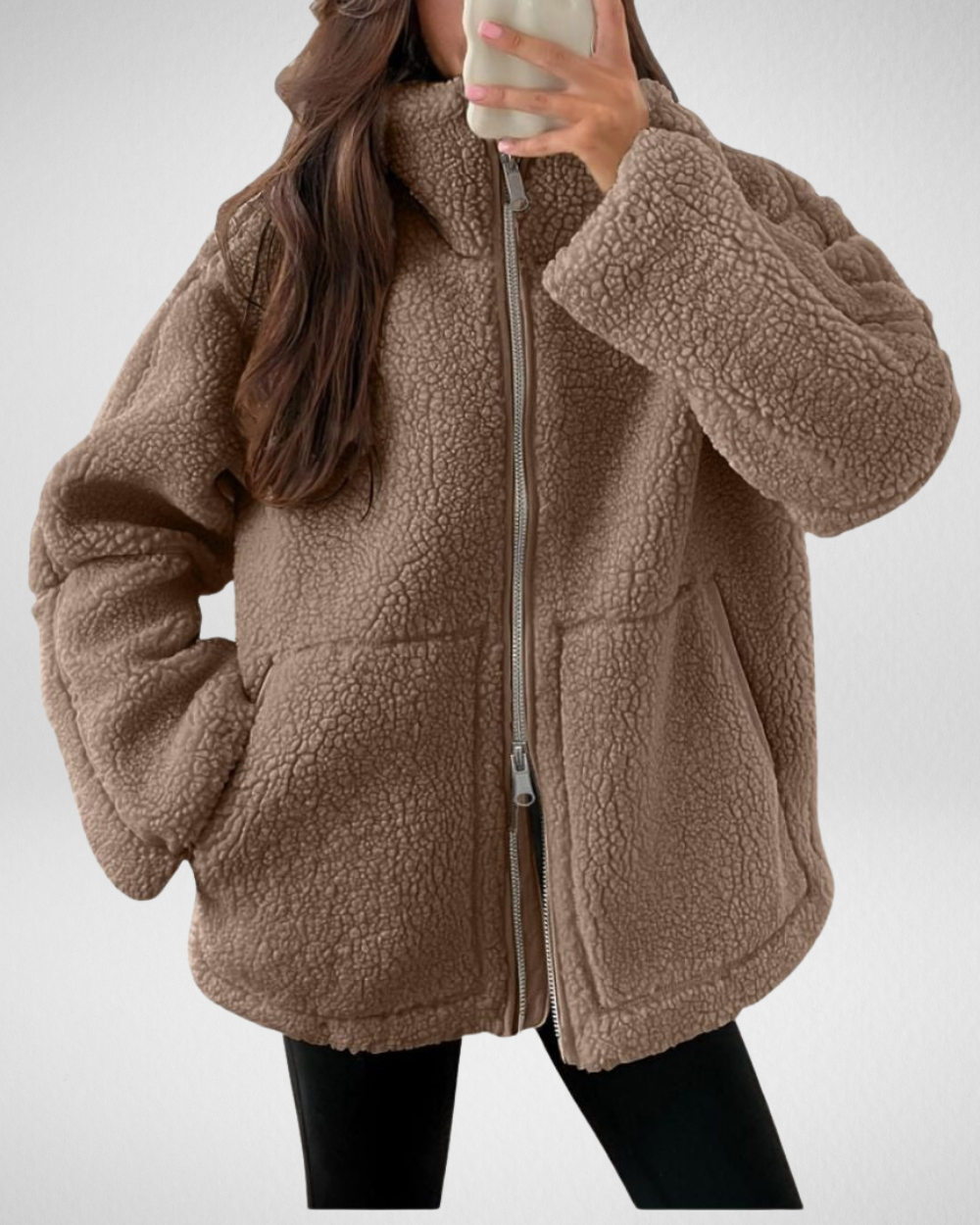 Dames oversized teddyjas met rits en steekzakken