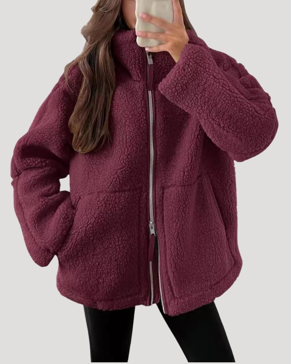 Dames oversized teddyjas met rits en steekzakken