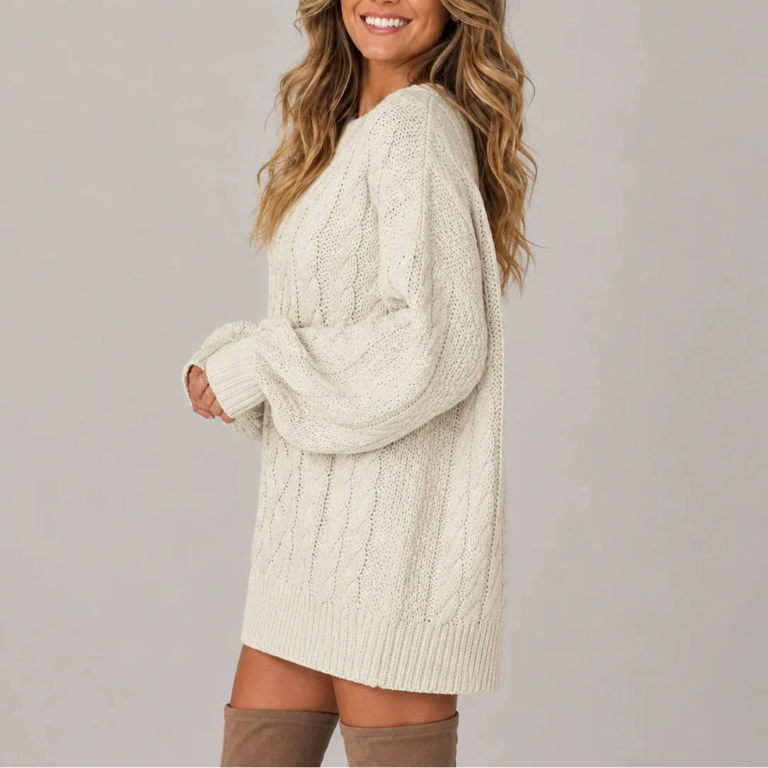 Dames oversized trui als jurk met kabelpatroon