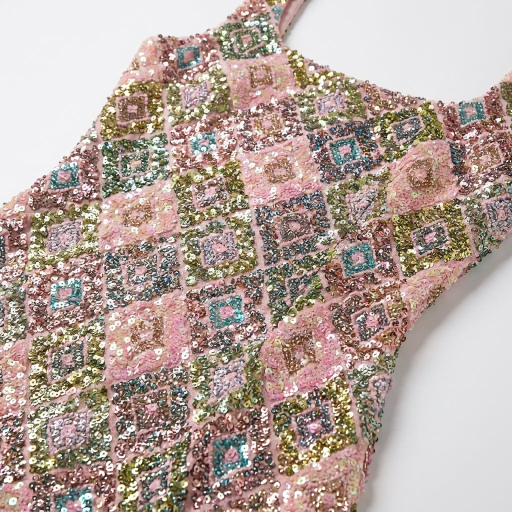Dames pailletten jurk met vierkante hals en patroon